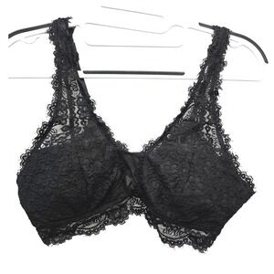 Aerie Black Floral Eyelash Lace Bralette V-Neck Mesh‎ Inset Medium 4909932516